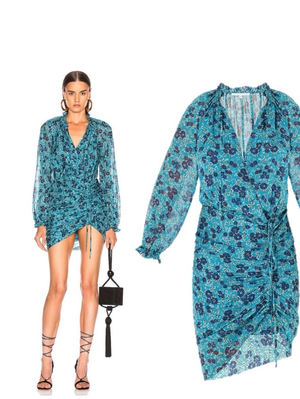 Veronica Beard Silk Teal Floral Ruched Long-Sleeve Dress - Small
